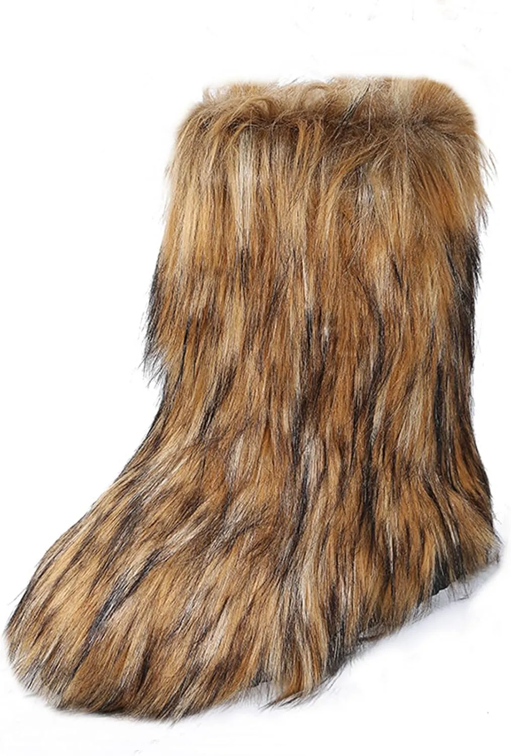 SACFOF Women's Faux Fur Boot Fashion Furry Fluffy Round Toe Mid Calf Snow Winter Boots Comfy Plush Warm Short Outdoor Indoor Flat Shoes