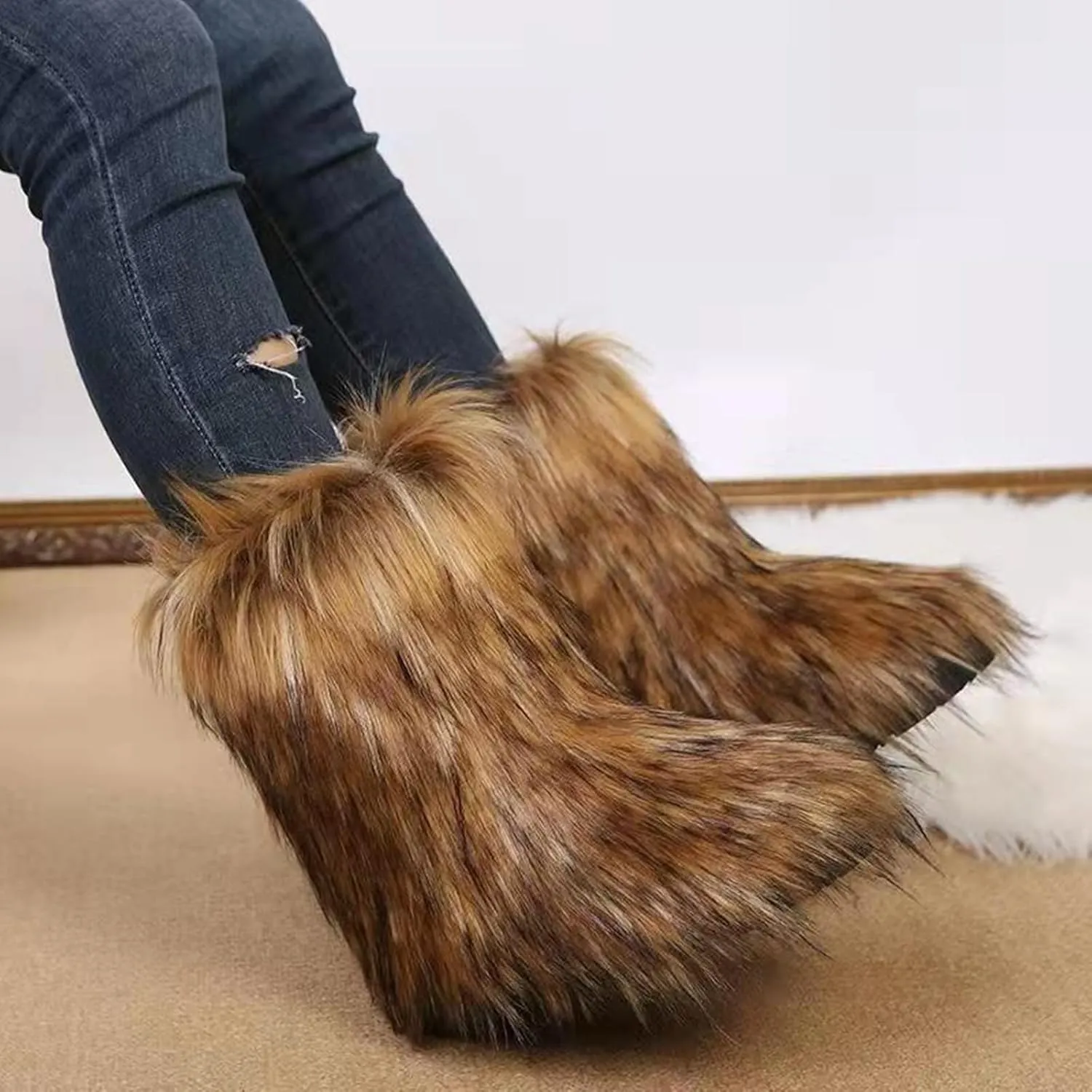 SACFOF Women's Faux Fur Boot Fashion Furry Fluffy Round Toe Mid Calf Snow Winter Boots Comfy Plush Warm Short Outdoor Indoor Flat Shoes