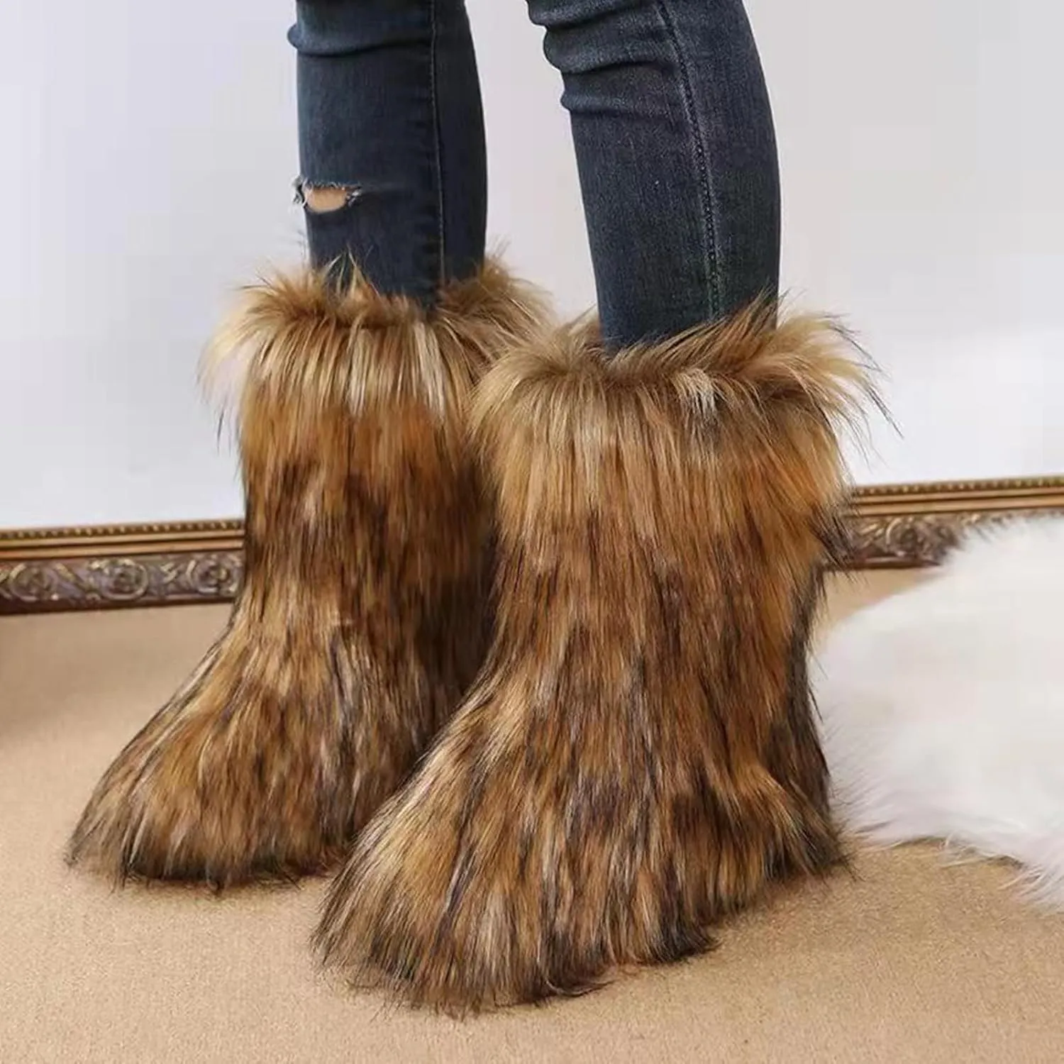 SACFOF Women's Faux Fur Boot Fashion Furry Fluffy Round Toe Mid Calf Snow Winter Boots Comfy Plush Warm Short Outdoor Indoor Flat Shoes