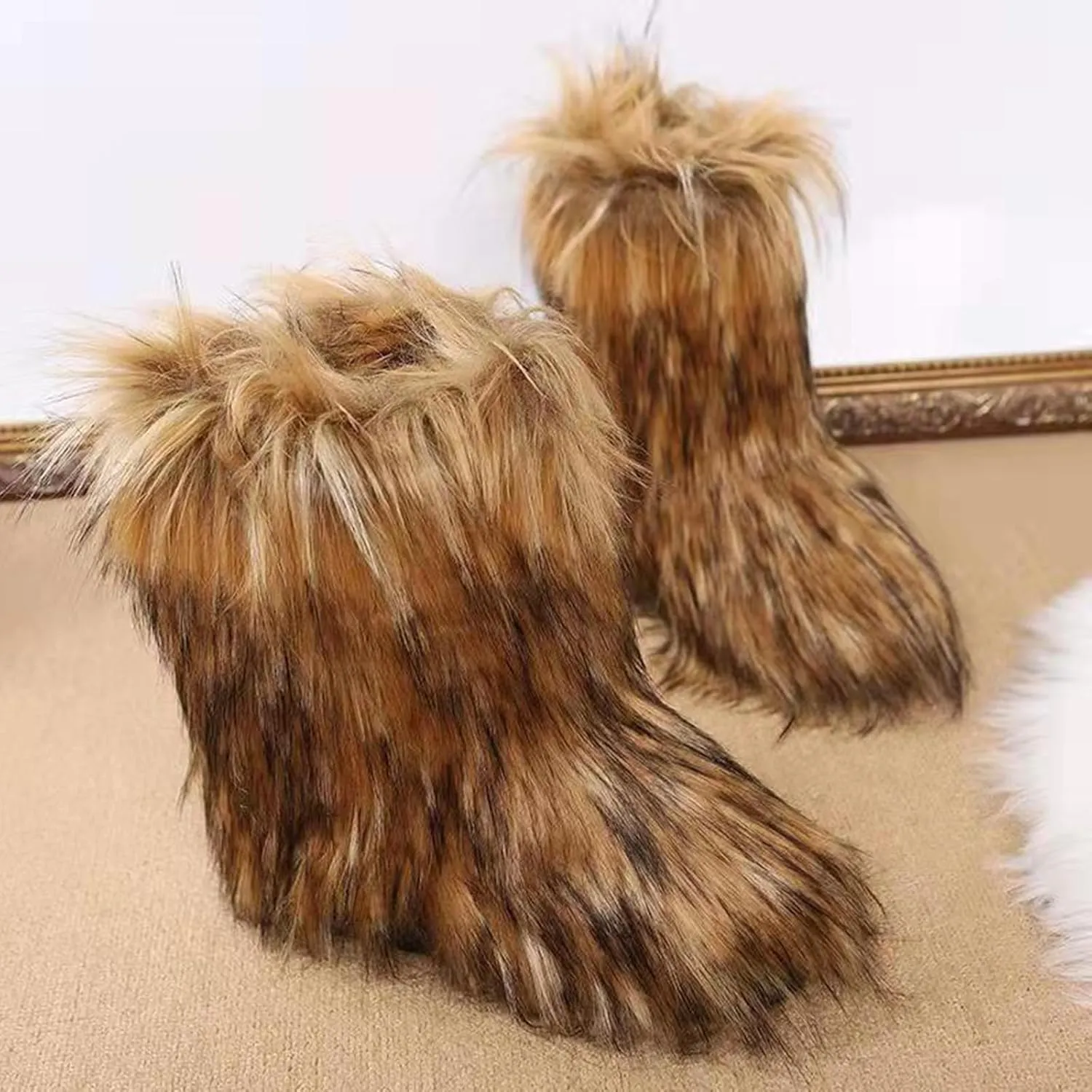 SACFOF Women's Faux Fur Boot Fashion Furry Fluffy Round Toe Mid Calf Snow Winter Boots Comfy Plush Warm Short Outdoor Indoor Flat Shoes