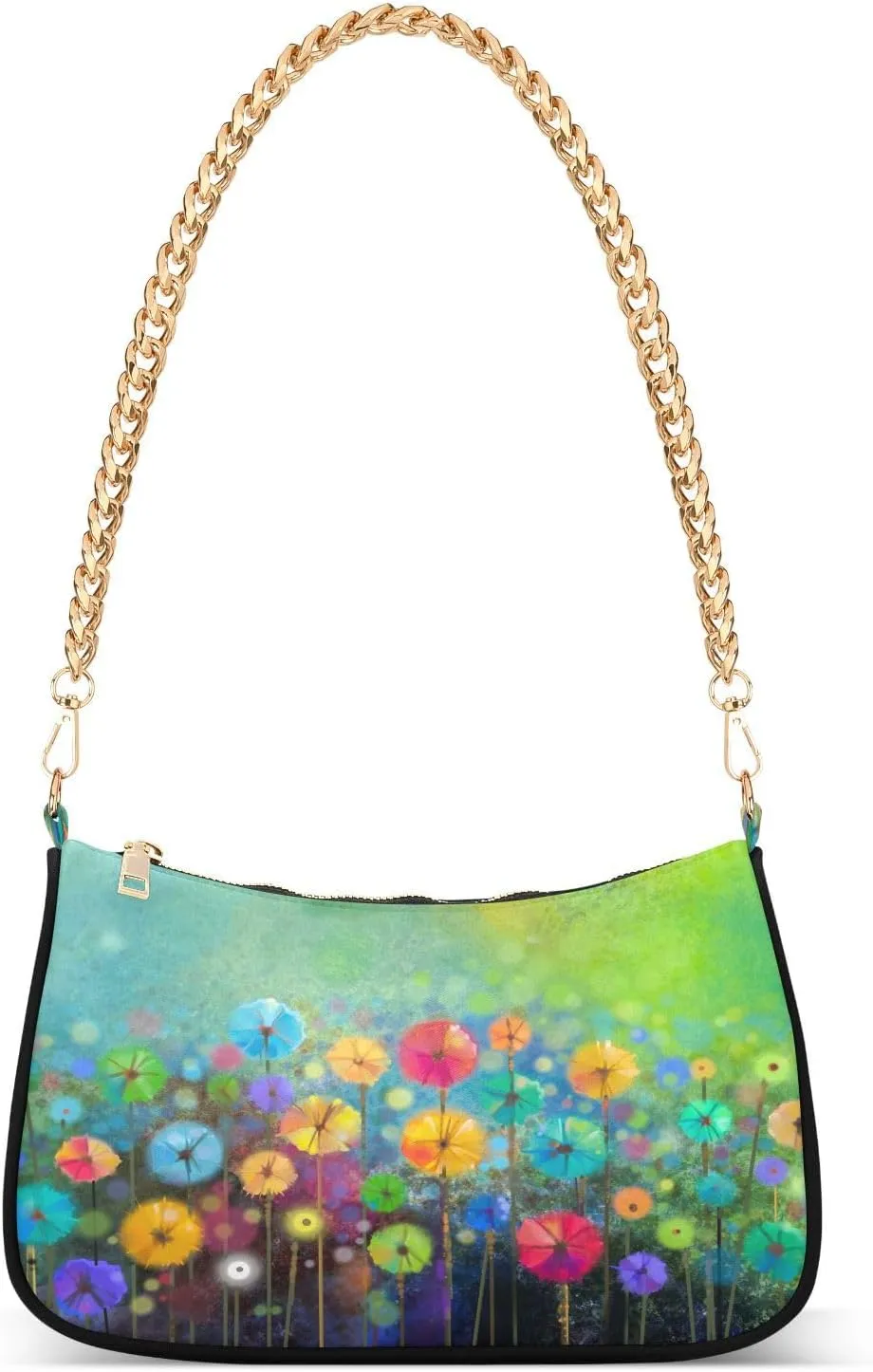 Seasonal Nature Floral Dandelion Flower Shoulder Handbags for Women Travel Hobo Tote Handbag Women Gold Chain Shoulder Bags Purse with Zipper Closure