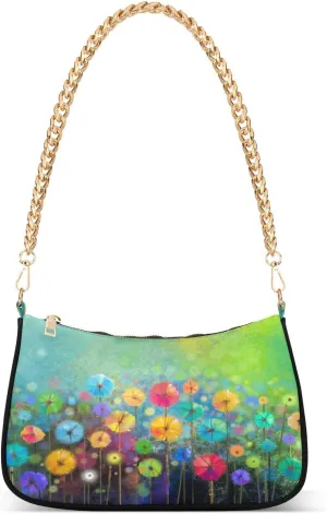 Seasonal Nature Floral Dandelion Flower Shoulder Handbags for Women Travel Hobo Tote Handbag Women Gold Chain Shoulder Bags Purse with Zipper Closure