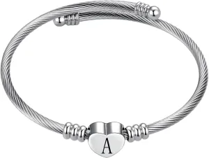 Silver Initial Letter Cuff Bracelet Heart Bangle Bracelets Expandable Stainless Steel Personalized Jewelry for Women