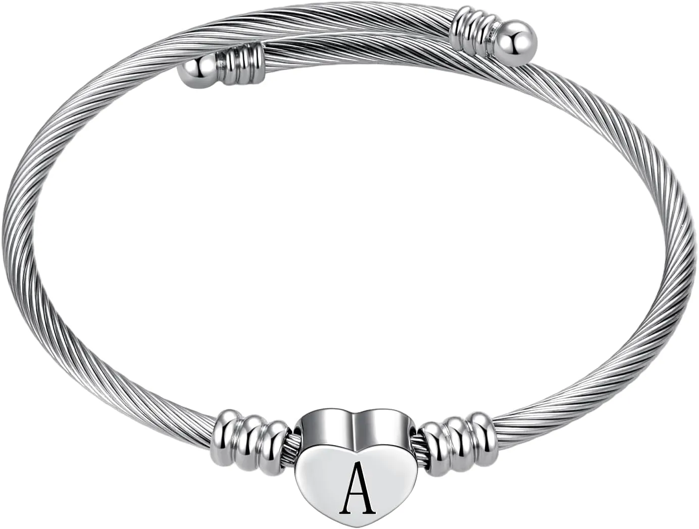 Silver Initial Letter Cuff Bracelet Heart Bangle Bracelets Expandable Stainless Steel Personalized Jewelry for Women