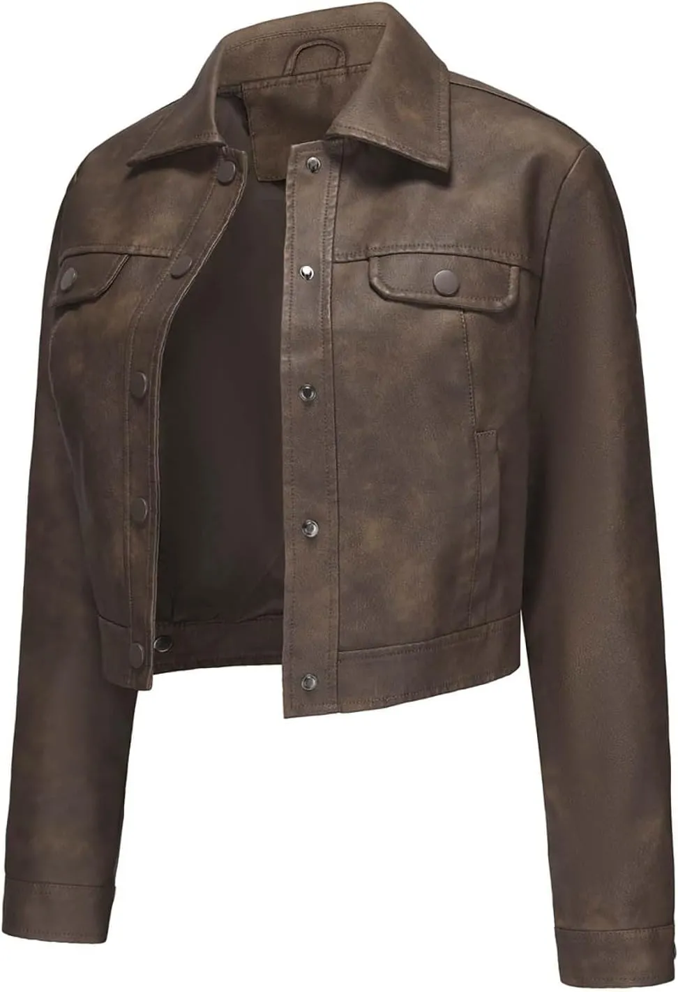 Sinzelimin Women's Crop Leather Jackets Fashion Retro Solid Color Button up Lapel Long Sleeves Streetwear Motorcycle Jacket