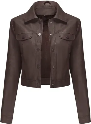 Sinzelimin Women's Crop Leather Jackets Fashion Retro Solid Color Button up Lapel Long Sleeves Streetwear Motorcycle Jacket
