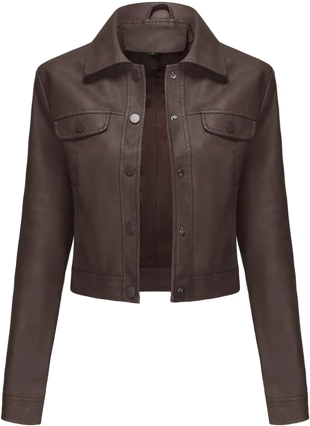 Sinzelimin Women's Crop Leather Jackets Fashion Retro Solid Color Button up Lapel Long Sleeves Streetwear Motorcycle Jacket