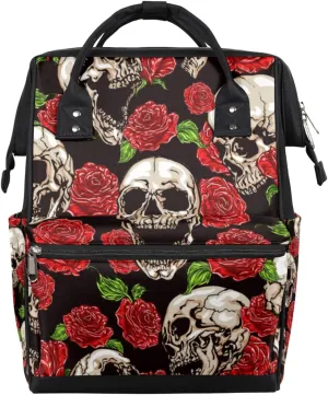 Skull And Red Roses Diaper Bag Tote Large Capacity Waterproof with Adjustable Shoulder Strap and Pram Straps Mommy Bag for Hospital Beach Weekender Travel