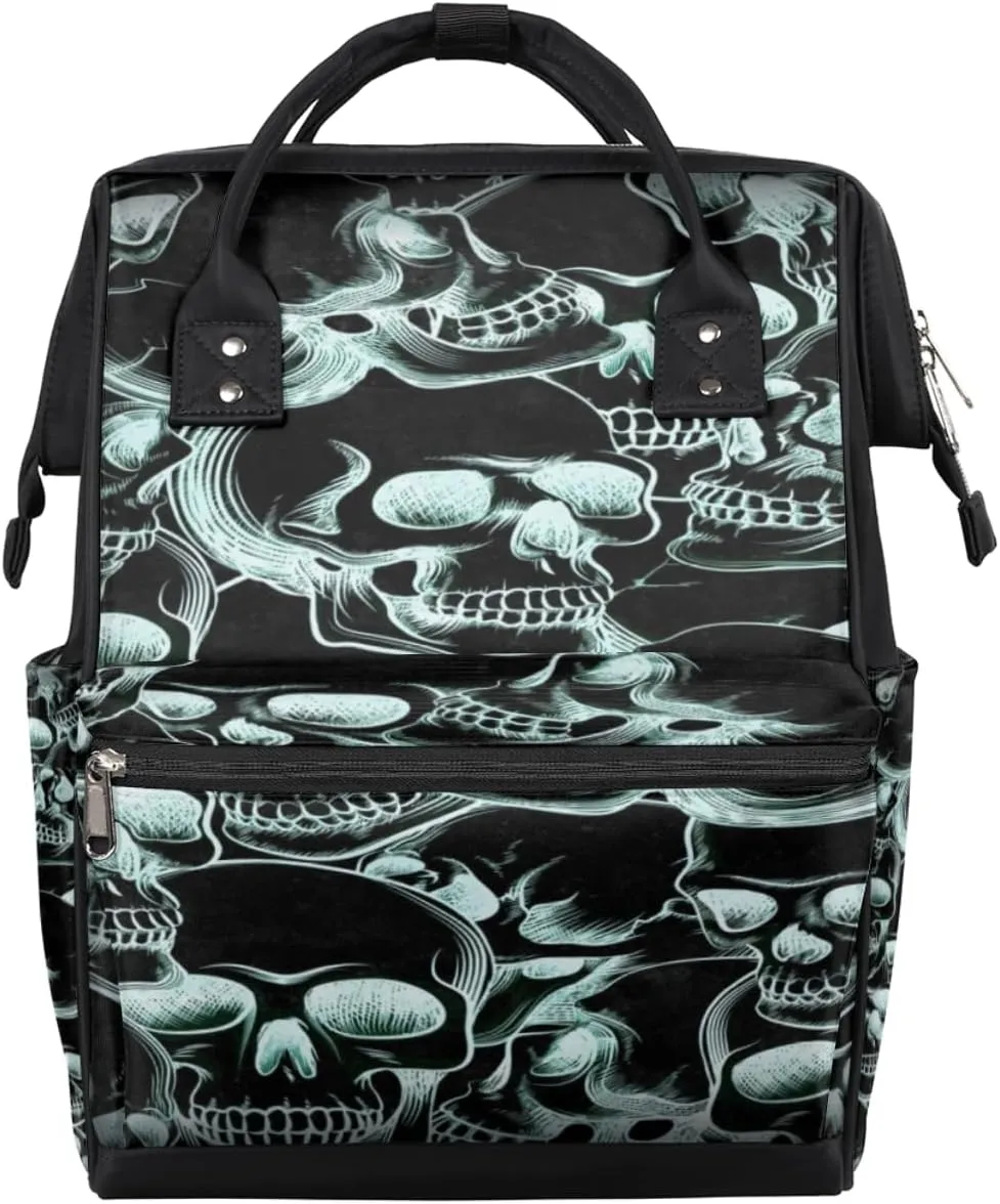 Skull Black Diaper Bag Tote Large Capacity Waterproof with Adjustable Shoulder Strap and Pram Straps Mommy Bag for Hospital Beach Weekender Travel