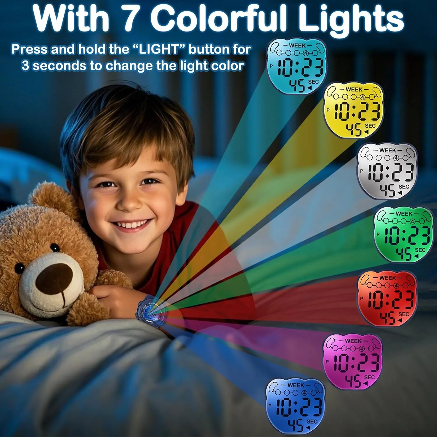 SOCICO Kids Digital Watches for Girls Boys, Waterproof 5ATM, 7 Color Lights Waterproof Watches for Kid with Alarm Stopwatch, Soft Band Wrist Watch Christmas Gifts for Kids Ages 5-12.