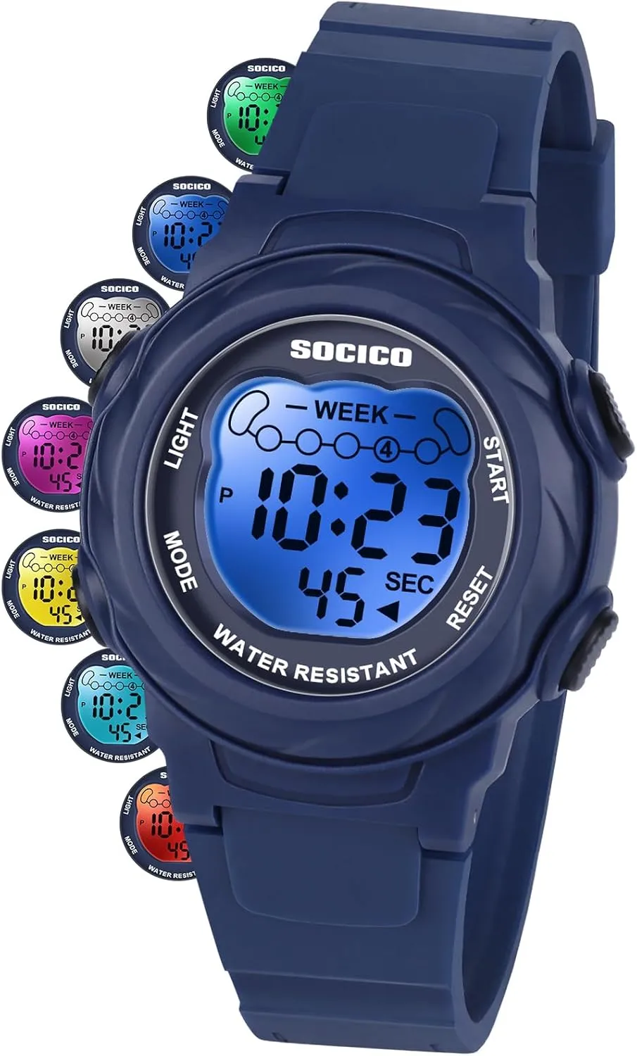 SOCICO Kids Digital Watches for Girls Boys, Waterproof 5ATM, 7 Color Lights Waterproof Watches for Kid with Alarm Stopwatch, Soft Band Wrist Watch Christmas Gifts for Kids Ages 5-12.