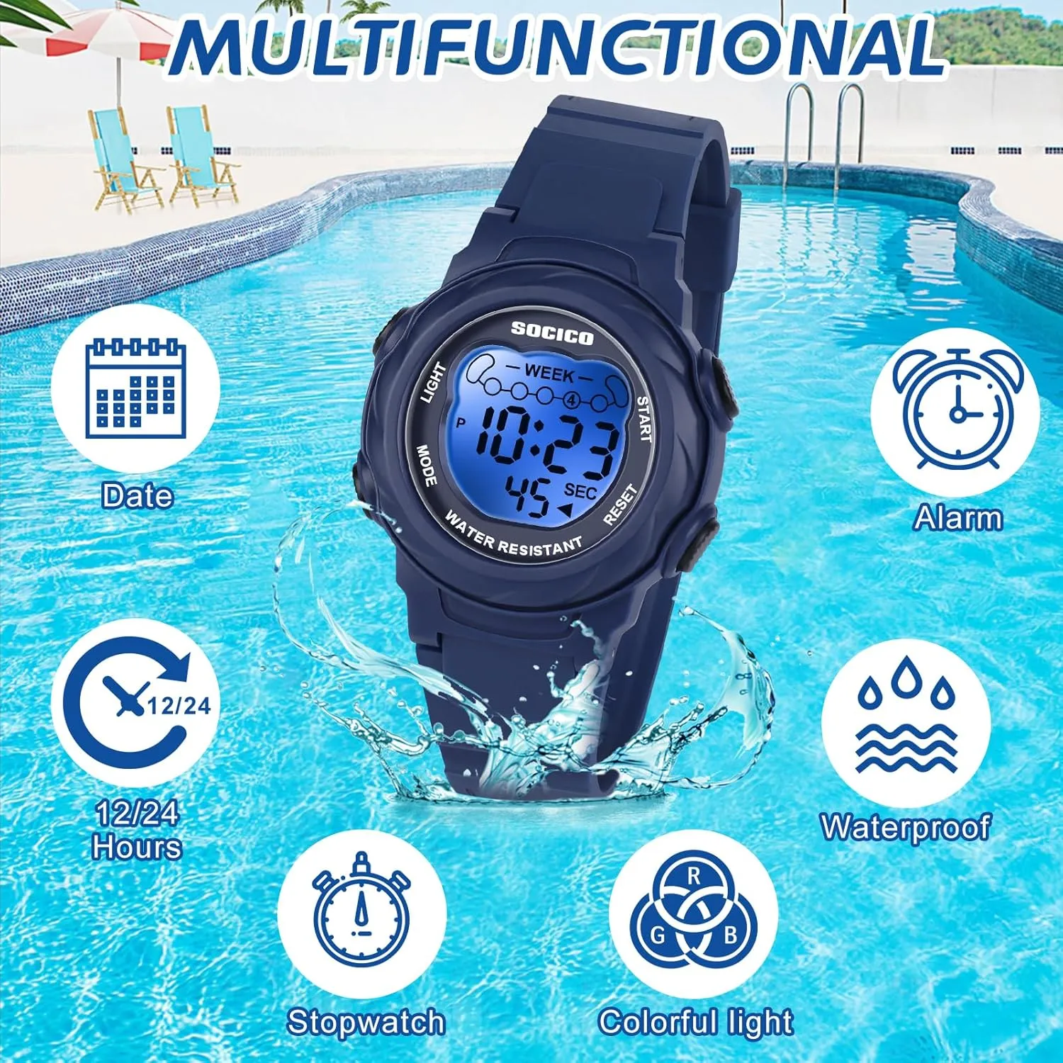 SOCICO Kids Digital Watches for Girls Boys, Waterproof 5ATM, 7 Color Lights Waterproof Watches for Kid with Alarm Stopwatch, Soft Band Wrist Watch Christmas Gifts for Kids Ages 5-12.