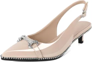 Soireelady Womens Slingback Kitten Heels Low Heel Rhinestones Beaded Pumps Closed Pointed Toe Slip On Party Fashion Dress Shoes 1.5 Inches