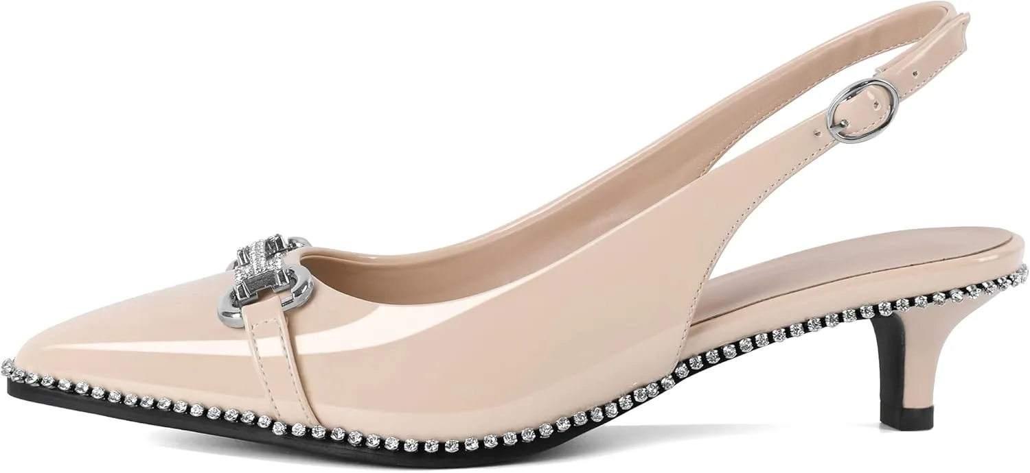 Soireelady Womens Slingback Kitten Heels Low Heel Rhinestones Beaded Pumps Closed Pointed Toe Slip On Party Fashion Dress Shoes 1.5 Inches
