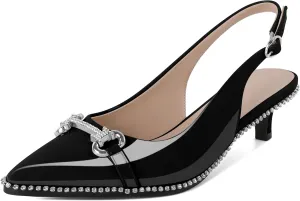 Soireelady Womens Slingback Kitten Heels Low Heel Rhinestones Beaded Pumps Closed Pointed Toe Slip On Party Fashion Dress Shoes 1.5 Inches