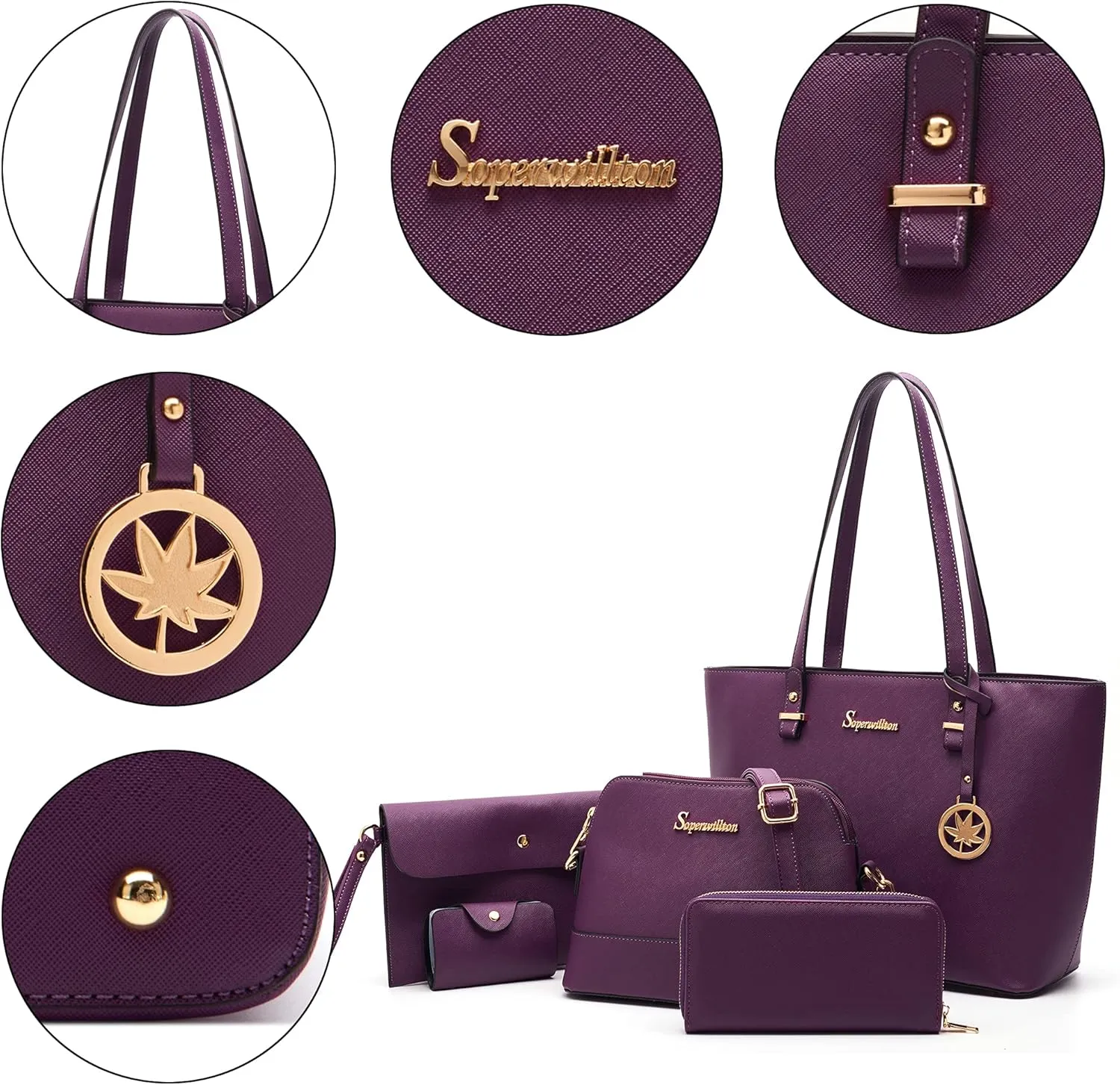 Soperwillton Handbag for Women Wallet Tote Bag Shoulder Bags Top Handle Satchel 5pcs Purse Set
