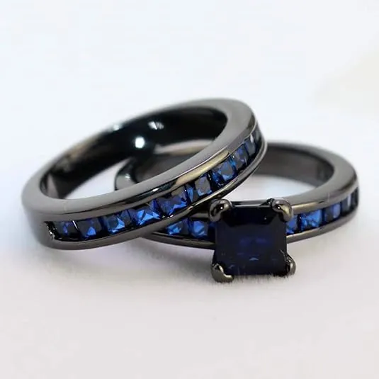 Spring_jewelry001-925 Sterling Silver, Black Gold Plated, Three-Piece Stackable Band with Red Princess-Cut Crystal Women's Wedding Ring Set, sophisticated piece of bridal jewelry for engagement,