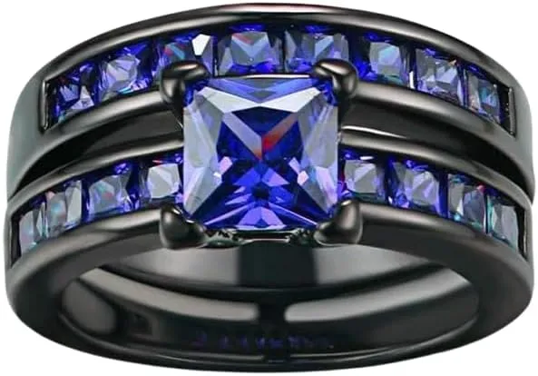 Spring_jewelry001-925 Sterling Silver, Black Gold Plated, Three-Piece Stackable Band with Red Princess-Cut Crystal Women's Wedding Ring Set, sophisticated piece of bridal jewelry for engagement,
