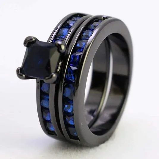 Spring_jewelry001-925 Sterling Silver, Black Gold Plated, Three-Piece Stackable Band with Red Princess-Cut Crystal Women's Wedding Ring Set, sophisticated piece of bridal jewelry for engagement,