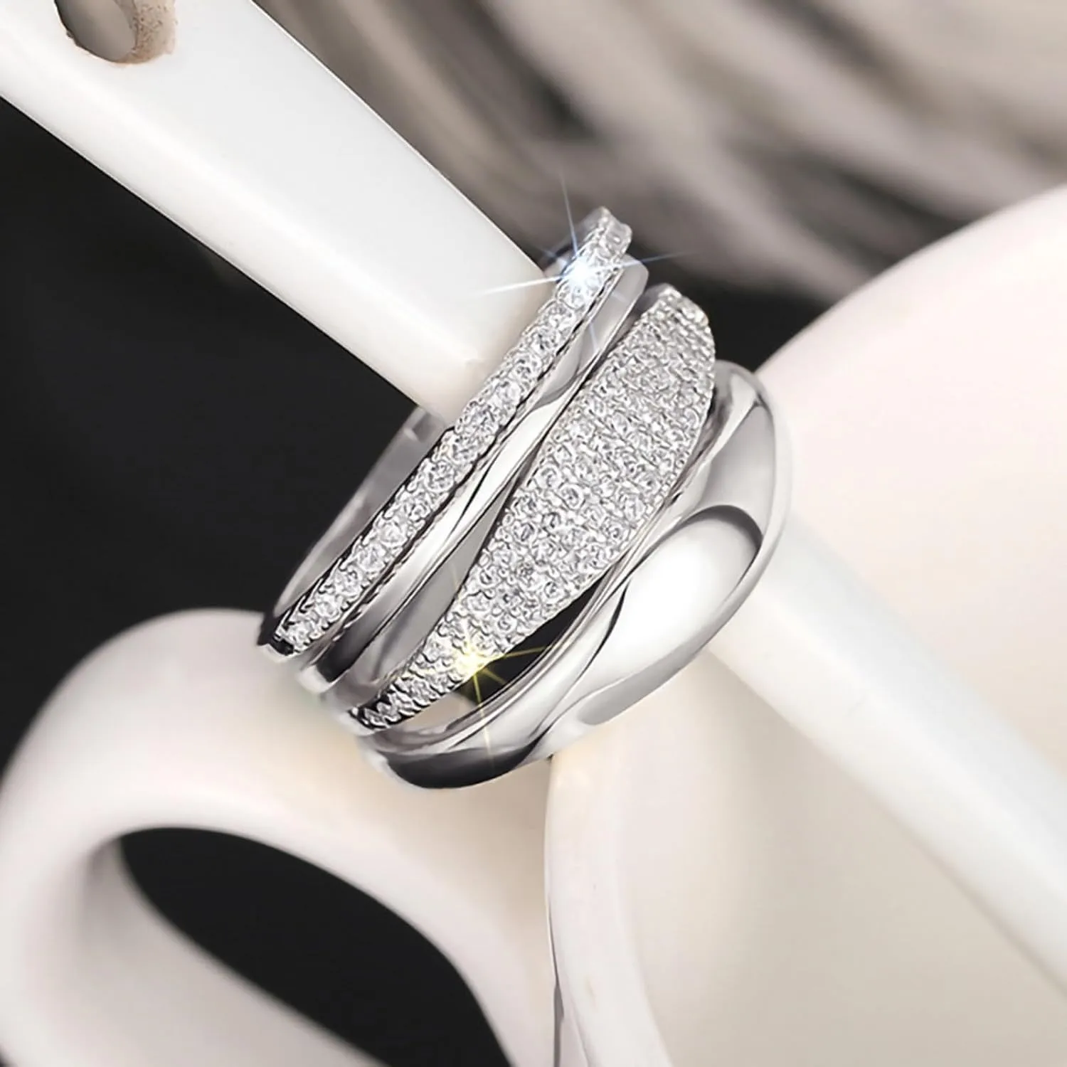 Stackable Gold Rings for Women Vegan Ring Set of 4 Dainty 14K Gold Plated Stackable Thin Rings Cubic Zirconia Thumb Ring Set Trendy Statement Promise Wedding Bands Engagement Rings (Silver 6)