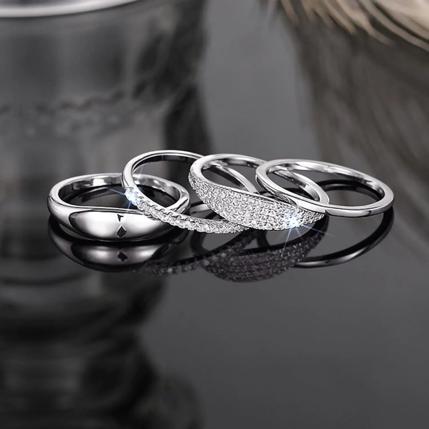 Stackable Gold Rings for Women Vegan Ring Set of 4 Dainty 14K Gold Plated Stackable Thin Rings Cubic Zirconia Thumb Ring Set Trendy Statement Promise Wedding Bands Engagement Rings (Silver 6)