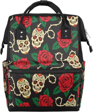 Sugar Skull Flower Floral Rose Diaper Bag Tote Large Capacity Waterproof with Adjustable Shoulder Strap and Pram Straps Mommy Bag for Hospital Beach Weekender Travel