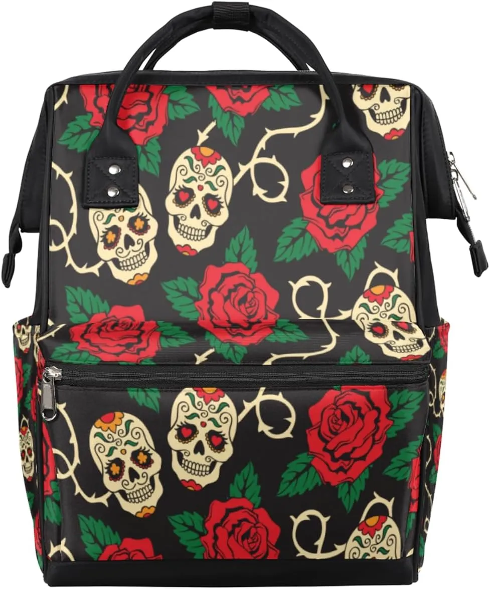 Sugar Skull Flower Floral Rose Diaper Bag Tote Large Capacity Waterproof with Adjustable Shoulder Strap and Pram Straps Mommy Bag for Hospital Beach Weekender Travel