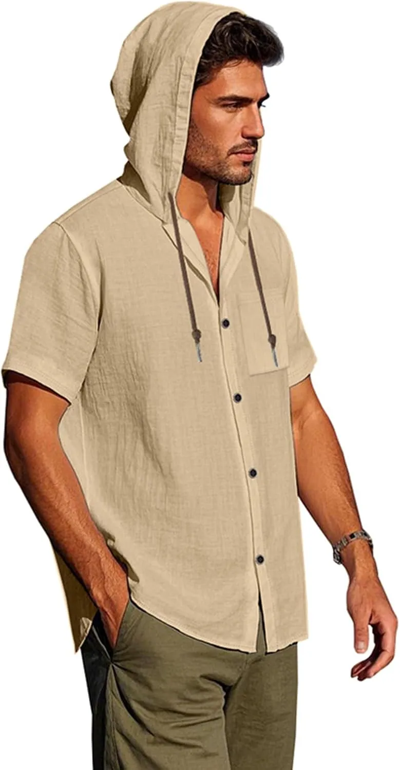 Summer Casual Shirts Men Short Sleeve Hoodies Cotton Linen Button Down Tops Loose Casual Shirts Trendy Travel Shirts