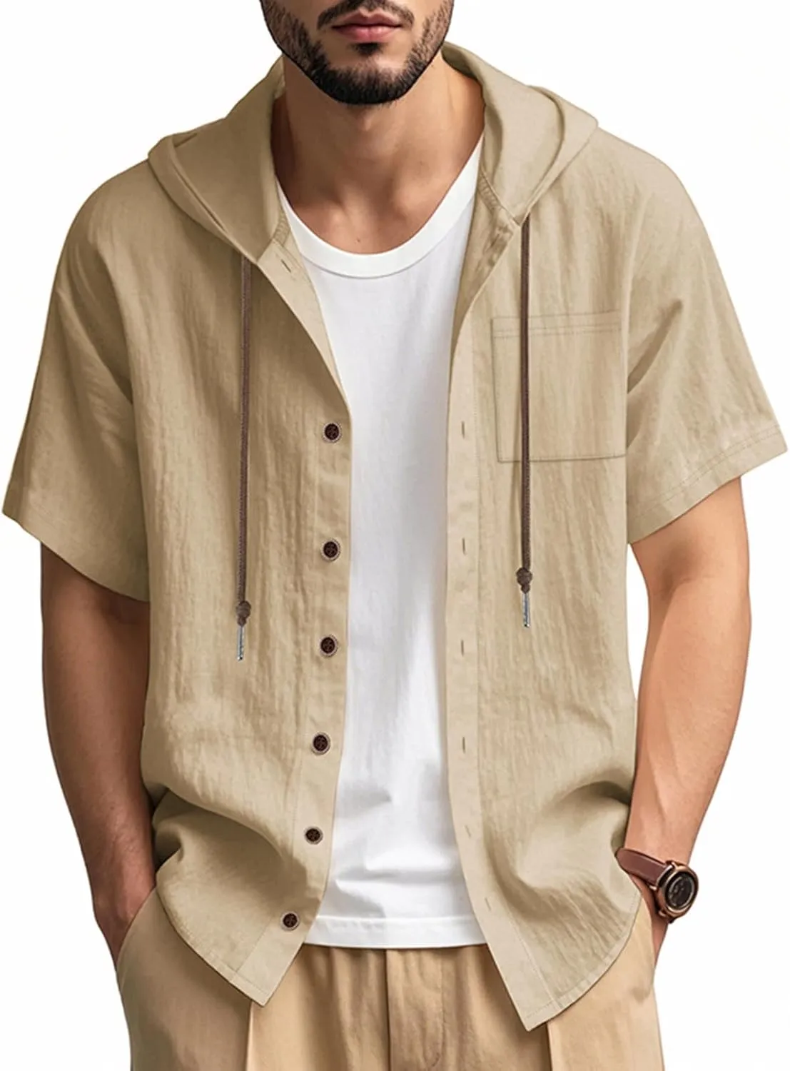 Summer Casual Shirts Men Short Sleeve Hoodies Cotton Linen Button Down Tops Loose Casual Shirts Trendy Travel Shirts