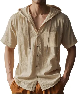Summer Casual Shirts Men Short Sleeve Hoodies Cotton Linen Button Down Tops Loose Casual Shirts Trendy Travel Shirts