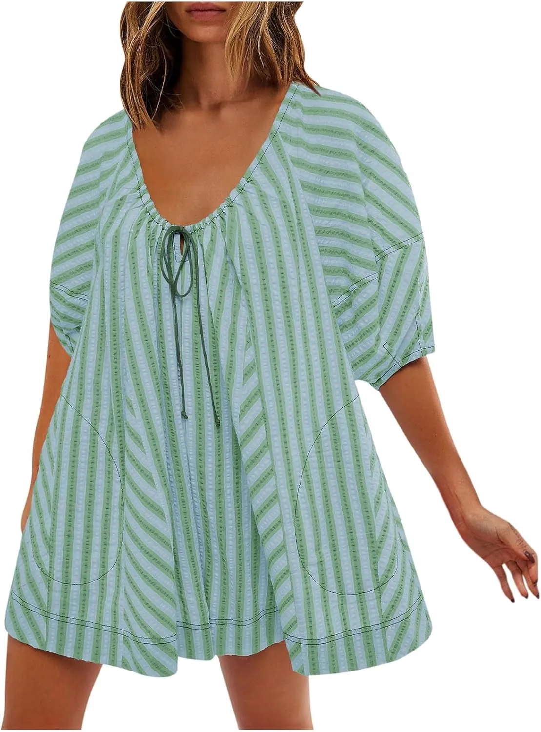 Summer Rompers for Women Striped Puff Sleeve Mini Shorts Romper Dress V Neck Jumpsuits Boho Beach Vacation Outfits