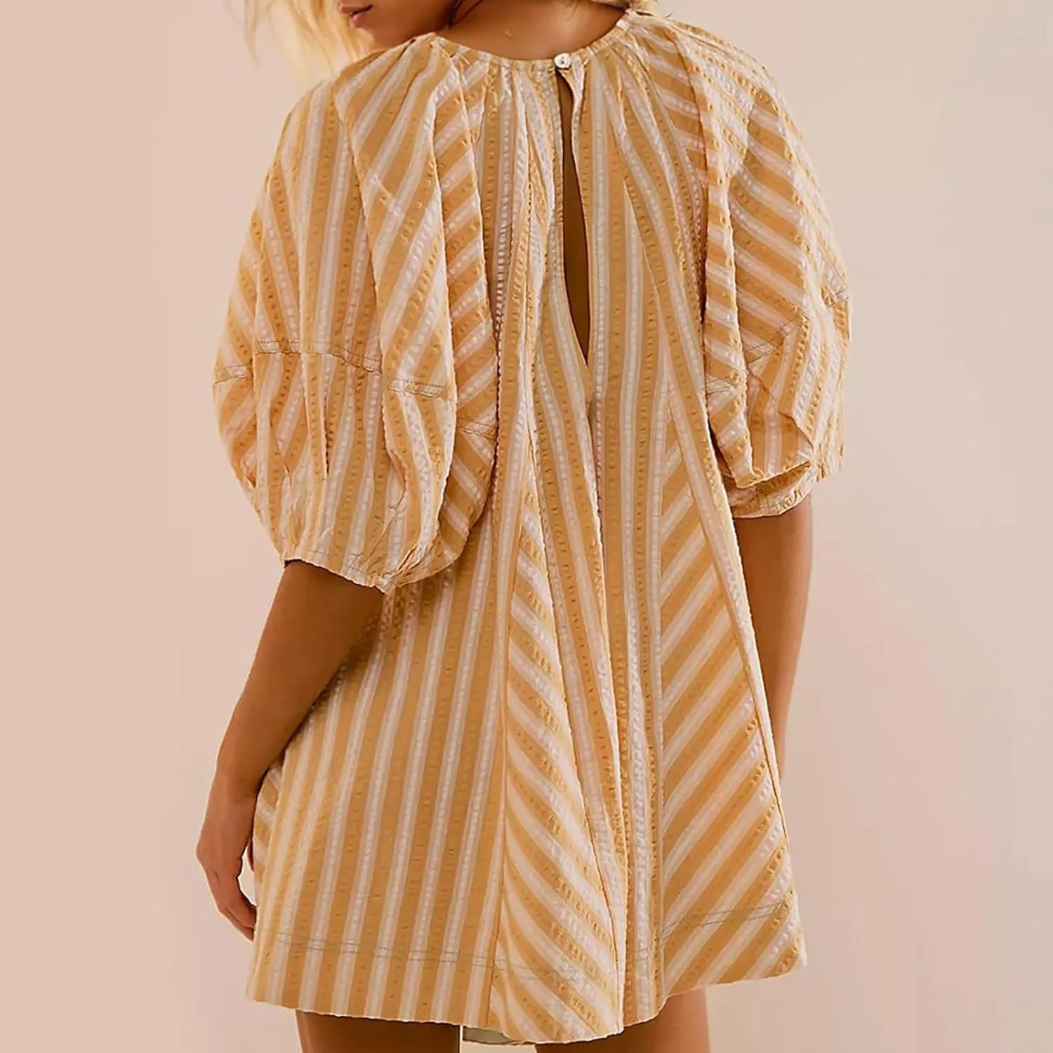 Summer Rompers for Women Striped Puff Sleeve Mini Shorts Romper Dress V Neck Jumpsuits Boho Beach Vacation Outfits