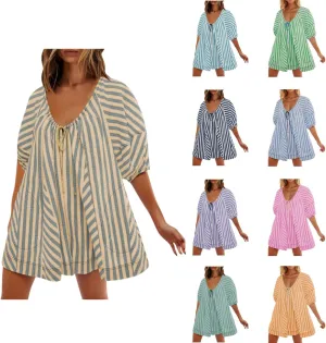 Summer Rompers for Women Striped Puff Sleeve Mini Shorts Romper Dress V Neck Jumpsuits Boho Beach Vacation Outfits