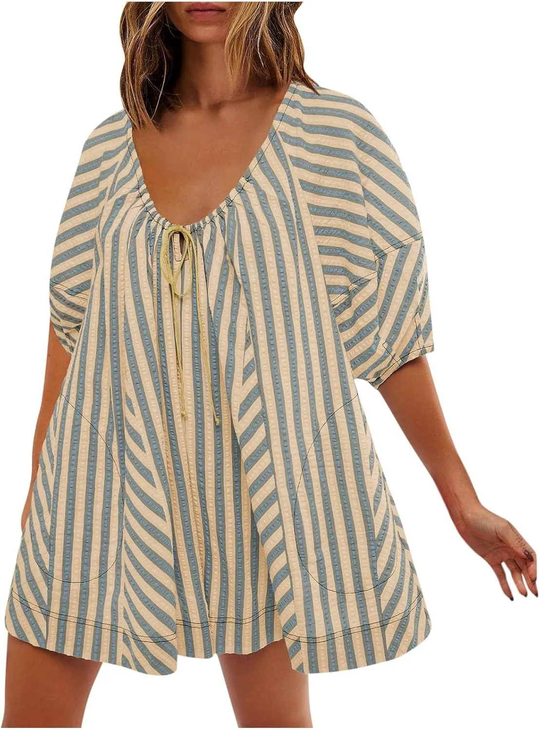 Summer Rompers for Women Striped Puff Sleeve Mini Shorts Romper Dress V Neck Jumpsuits Boho Beach Vacation Outfits