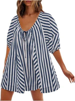 Summer Rompers for Women Striped Puff Sleeve Mini Shorts Romper Dress V Neck Jumpsuits Boho Beach Vacation Outfits
