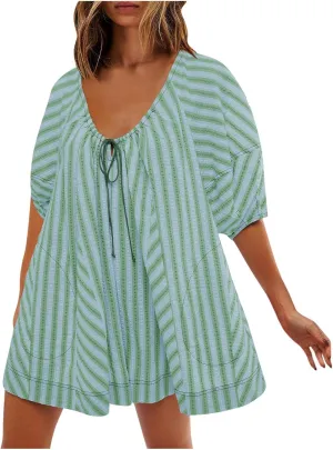Summer Rompers for Women Striped Puff Sleeve Mini Shorts Romper Dress V Neck Jumpsuits Boho Beach Vacation Outfits