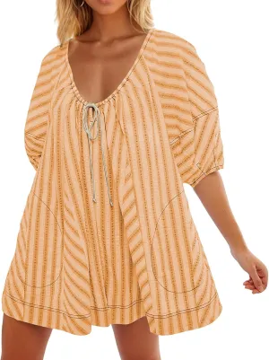 Summer Rompers for Women Striped Puff Sleeve Mini Shorts Romper Dress V Neck Jumpsuits Boho Beach Vacation Outfits
