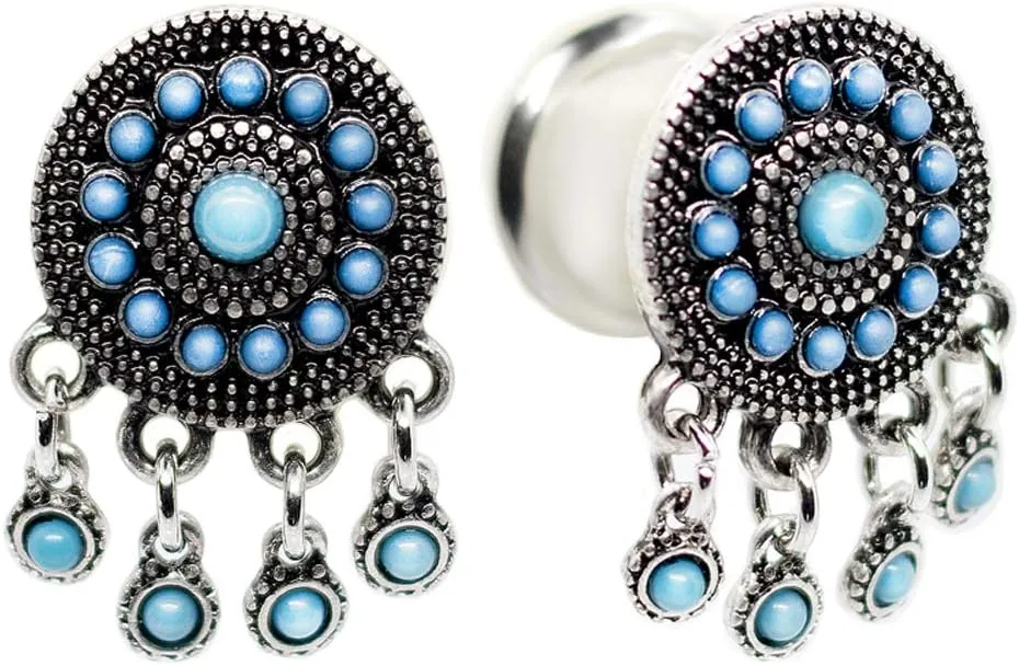 Surgical Steel Silver Plug Earring Accented with Dangle Pendants Ear Plugs Tunnels Gauges Flesh Expanders Stretchers