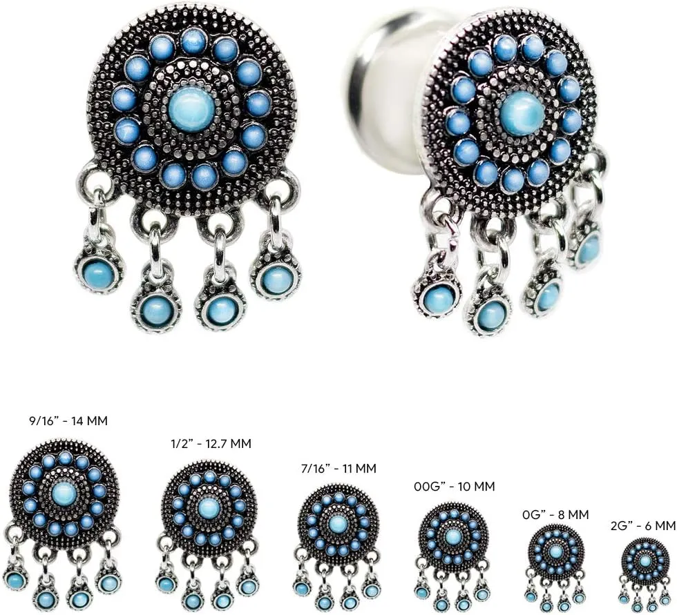 Surgical Steel Silver Plug Earring Accented with Dangle Pendants Ear Plugs Tunnels Gauges Flesh Expanders Stretchers