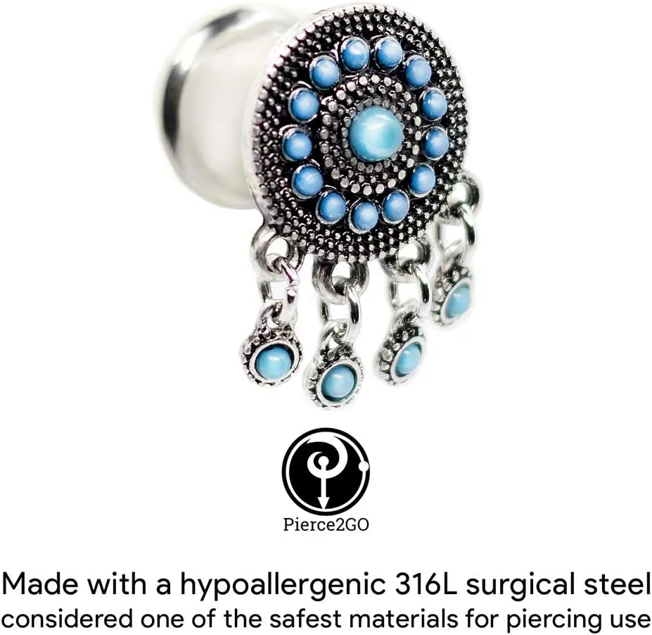 Surgical Steel Silver Plug Earring Accented with Dangle Pendants Ear Plugs Tunnels Gauges Flesh Expanders Stretchers