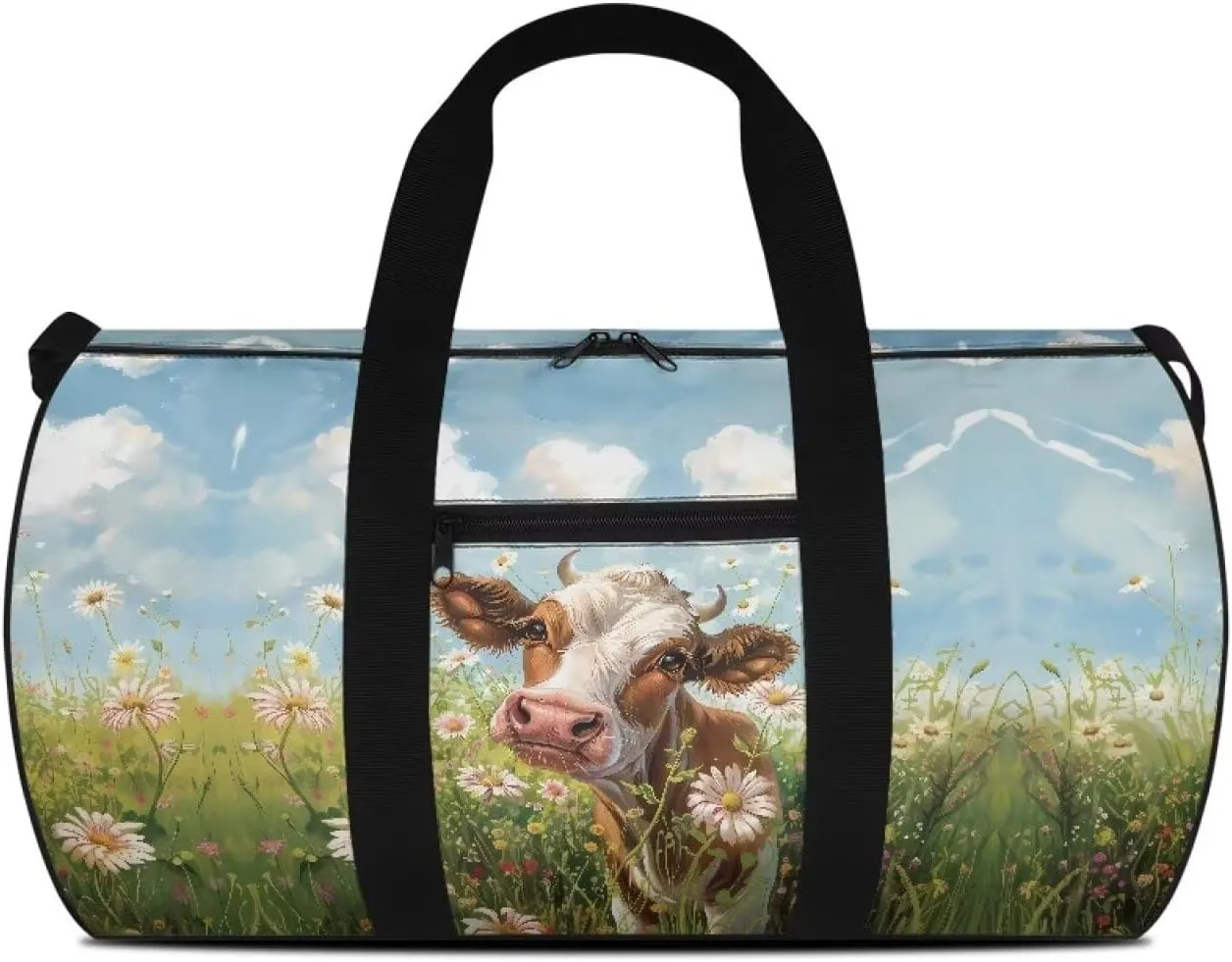 Talayituse Cow Print Duffel Bag for Women Men Daisy Cloud Pattern Tear Resistant Gym Duffel Bag Sturdy Sports Tote Bag Lightweight Travel Duffel Luggage Bag Zipper Garment Bag Carry On Bag