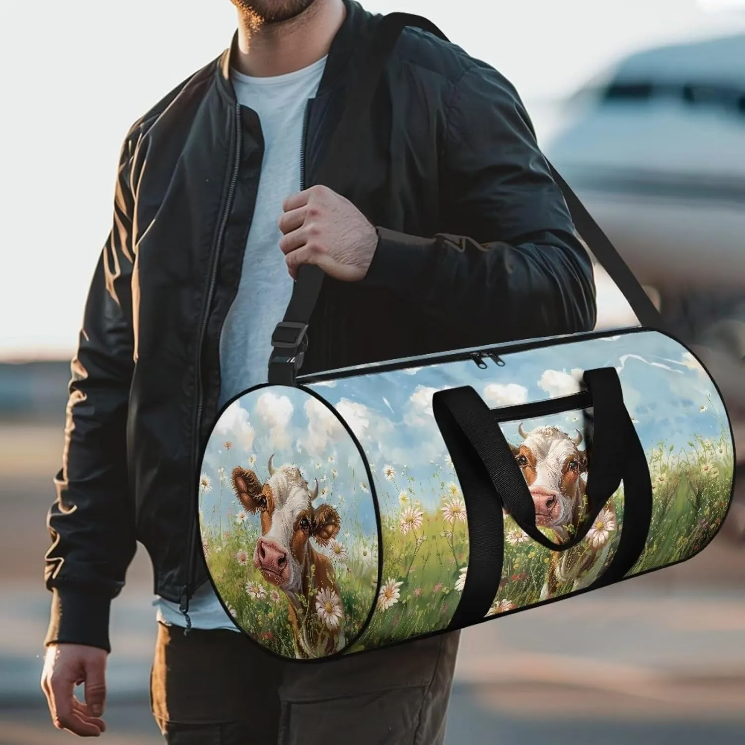 Talayituse Cow Print Duffel Bag for Women Men Daisy Cloud Pattern Tear Resistant Gym Duffel Bag Sturdy Sports Tote Bag Lightweight Travel Duffel Luggage Bag Zipper Garment Bag Carry On Bag