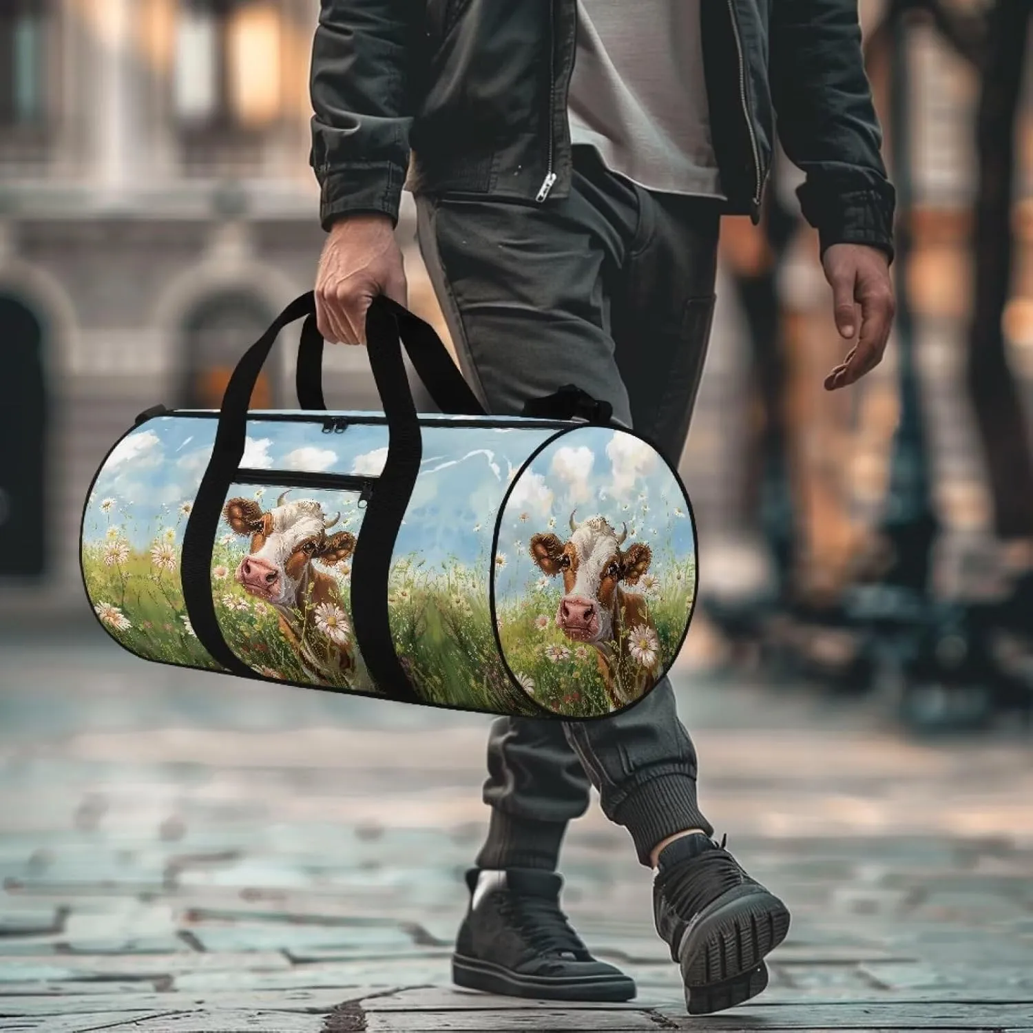 Talayituse Cow Print Duffel Bag for Women Men Daisy Cloud Pattern Tear Resistant Gym Duffel Bag Sturdy Sports Tote Bag Lightweight Travel Duffel Luggage Bag Zipper Garment Bag Carry On Bag