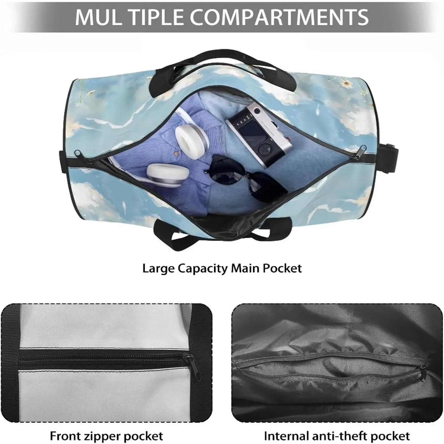 Talayituse Cow Print Duffel Bag for Women Men Daisy Cloud Pattern Tear Resistant Gym Duffel Bag Sturdy Sports Tote Bag Lightweight Travel Duffel Luggage Bag Zipper Garment Bag Carry On Bag
