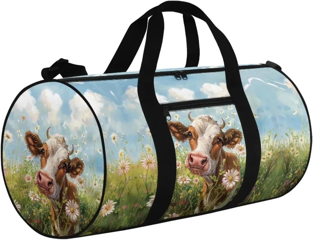 Talayituse Cow Print Duffel Bag for Women Men Daisy Cloud Pattern Tear Resistant Gym Duffel Bag Sturdy Sports Tote Bag Lightweight Travel Duffel Luggage Bag Zipper Garment Bag Carry On Bag