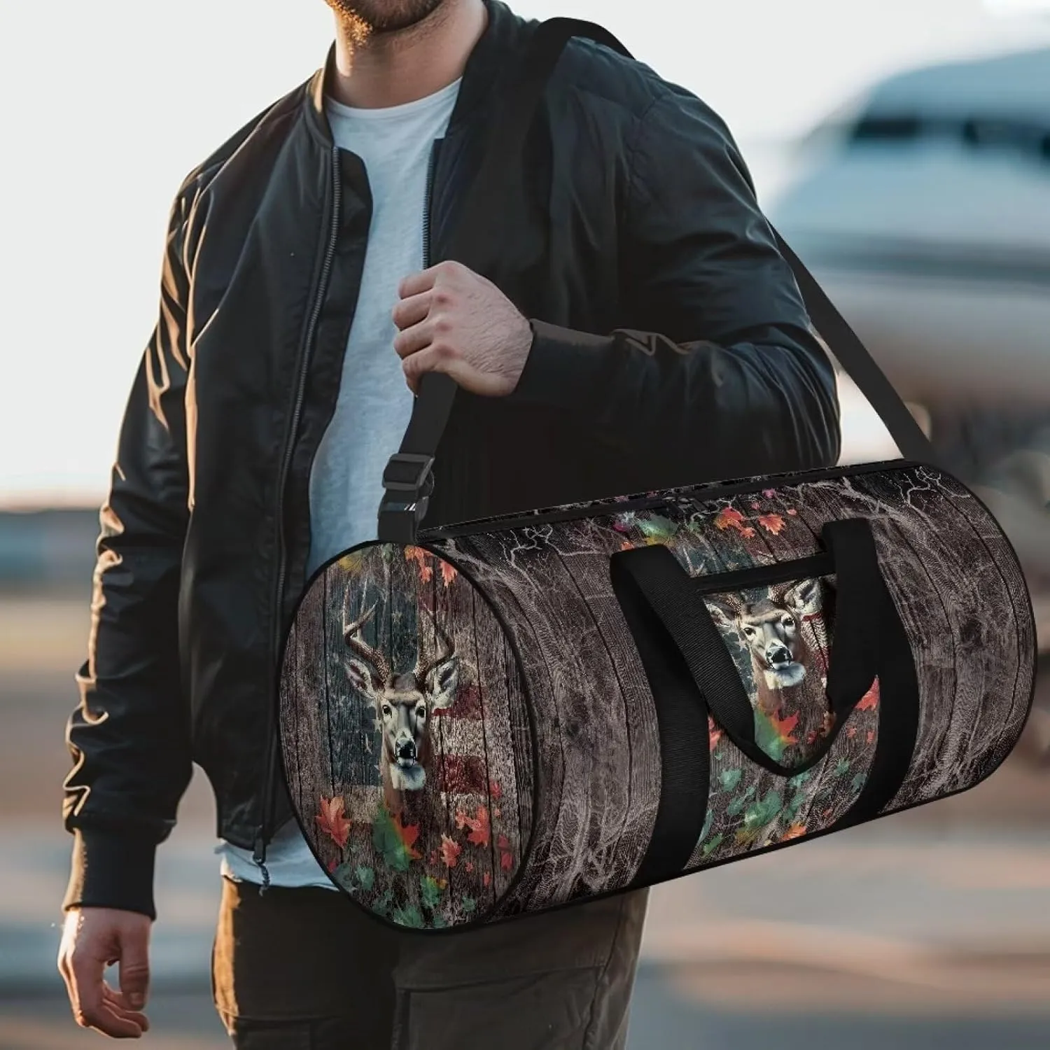 Talayituse Deer American Flag Print Duffel Bag for Men Women Maple Leaf Design Large Capacity Gym Duffel Bag Multifunctional Garment Bag with Inner Pocket Zipper Weekender Overnight Tote Bag