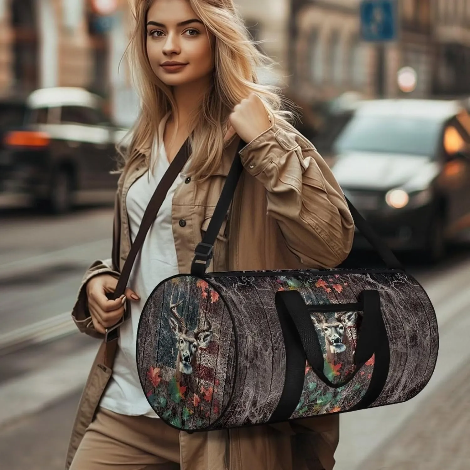 Talayituse Deer American Flag Print Duffel Bag for Men Women Maple Leaf Design Large Capacity Gym Duffel Bag Multifunctional Garment Bag with Inner Pocket Zipper Weekender Overnight Tote Bag