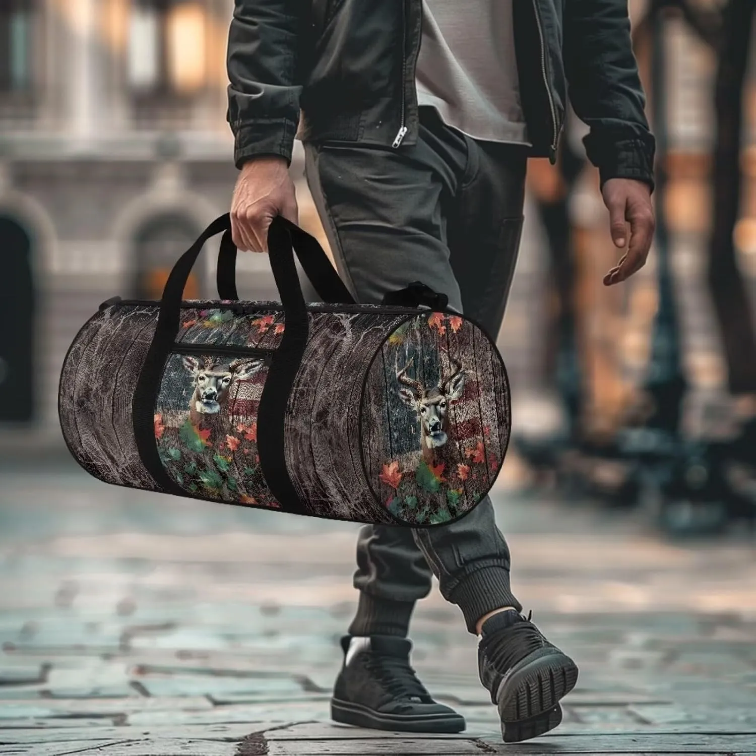 Talayituse Deer American Flag Print Duffel Bag for Men Women Maple Leaf Design Large Capacity Gym Duffel Bag Multifunctional Garment Bag with Inner Pocket Zipper Weekender Overnight Tote Bag