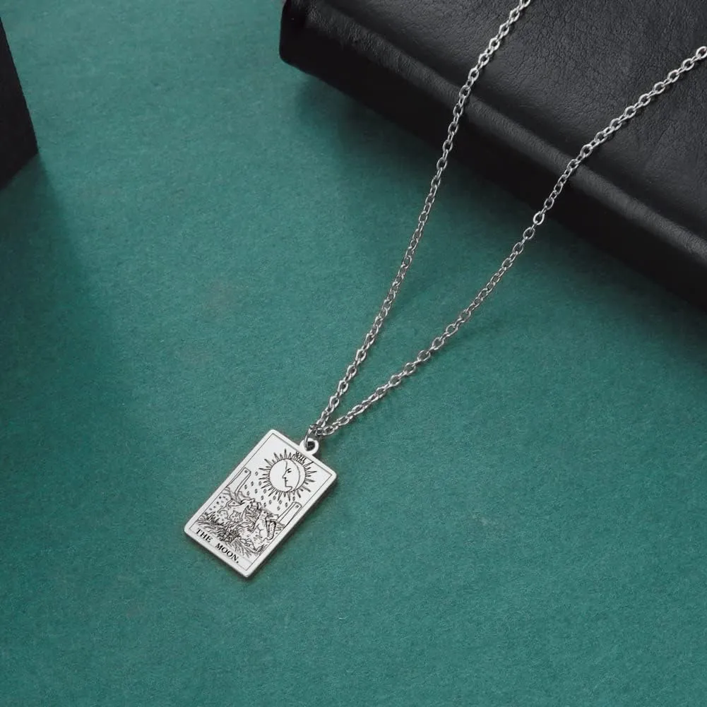 TEAMER Stainless Steel Tarot Cards Necklace Vintage Tarot Jewelry Good Luck Amulet Pendants for Women