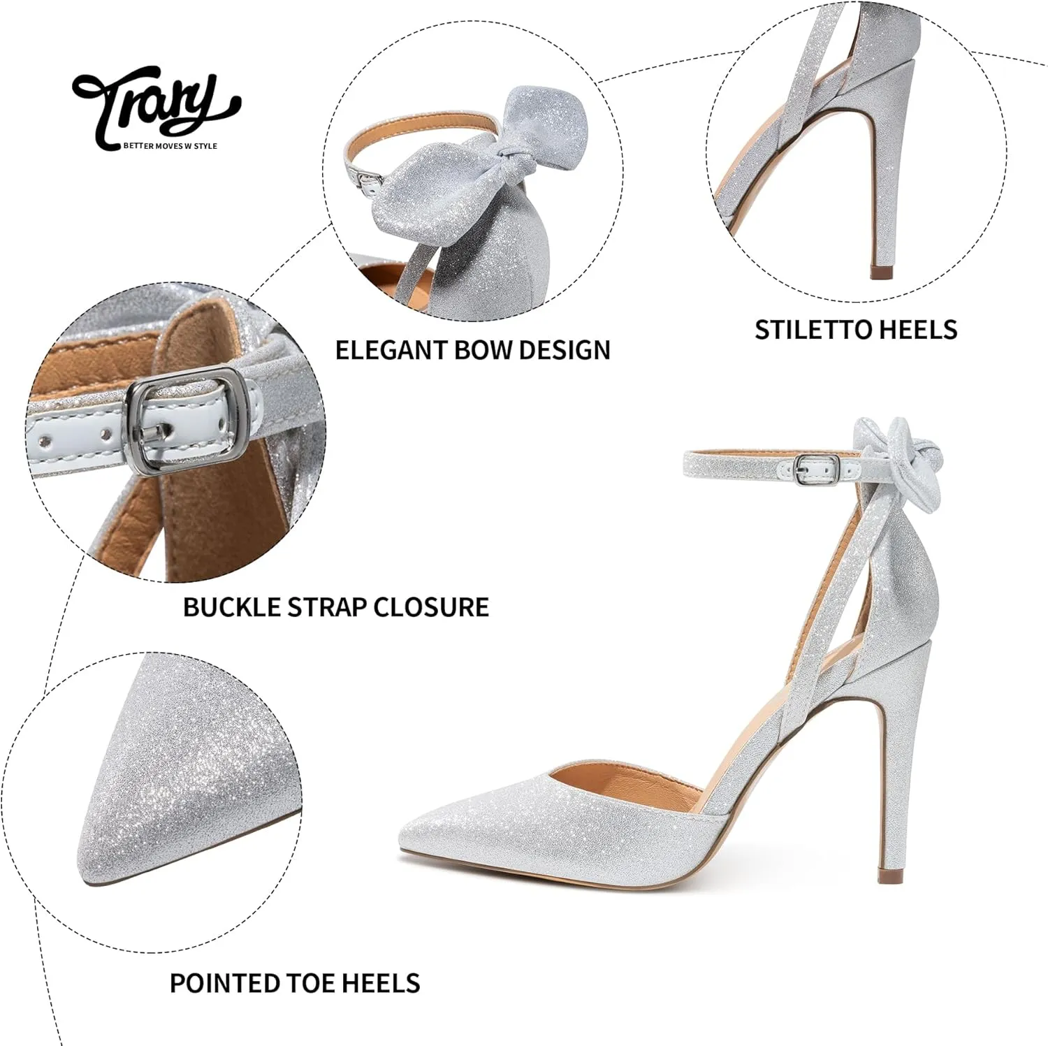 Trary Heels for Women Closed Pointed Toe Heels Women's Pumps Stiletto High Shoes with Bow Knot Comfortable Ankle Strap Office Party Wedding Dress Shoes 3.74" Heel
